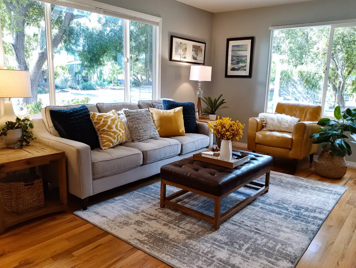 Residential living room showing how colors in home impacts perception, darker accent pieces grounding the space, light bouncing naturally across walls, and plants softening the room.