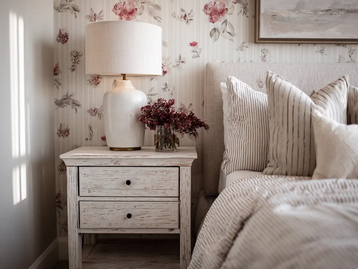 Mindset Shift: Modern farmhouse bedroom with floral wallpaper, a distressed white nightstand, ceramic table lamp with linen shade, striped neutral bedding, and a small glass vase of burgundy flowers styled beside an upholstered headboard in soft natural light.
