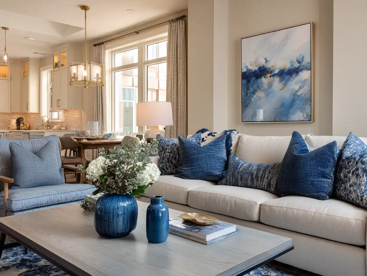 Modern open-concept living room with a neutral sofa styled with blue accent pillows, abstract blue wall art, light wood coffee table with decorative vases and hydrangeas, and a bright kitchen and dining area in the background under warm pendant lighting.