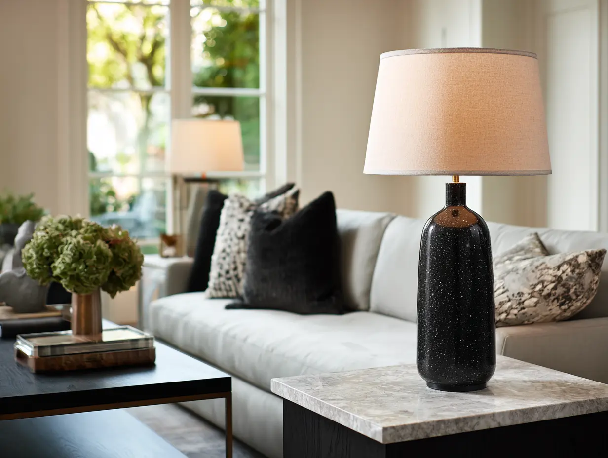 Mindset Shift: Modern farmhouse living room with a light neutral sofa, black accent pillows, marble side table, and a black ceramic table lamp with beige shade, styled with a coffee table centerpiece and soft natural light from large windows. Peaceful setup.