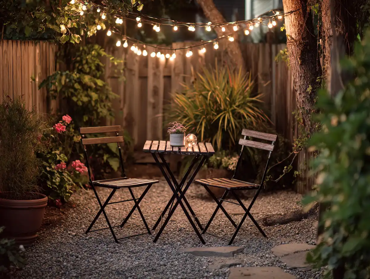 Cozy backyard patio with a small wooden bistro table and two folding chairs on gravel, surrounded by lush plants and a wooden fence, illuminated by warm string lights at dusk with potted flowers and soft ambient lighting.