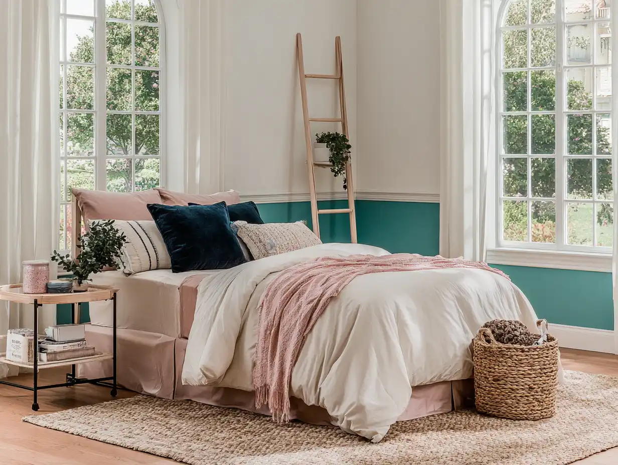 Bright bedroom with teal accent wall, large arched windows, upholstered bed with blush and cream bedding, navy velvet pillows, woven jute rug, round metal nightstand, and decorative ladder with trailing plant in natural daylight.