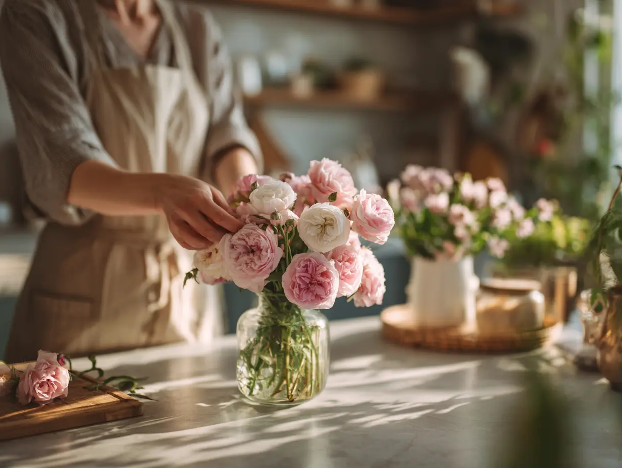 Woman arranging fresh pink and white roses in a clear glass vase on a sunlit kitchen counter, with soft natural light, wooden shelves, and a cozy home setting in the background.