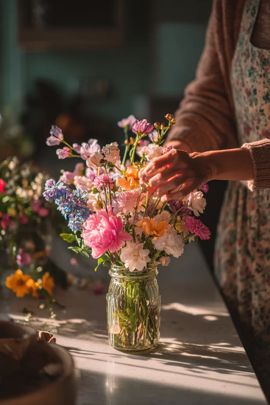 Hopeful Mindset Shift: Woman arranging a colorful bouquet of fresh spring flowers in a mason jar on a sunlit kitchen counter, with warm natural light highlighting pink, yellow, and white blooms in a cozy home setting.