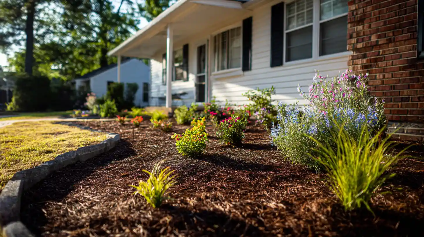 Easy flower bed ideas for beginners with freshly planted small flowers in groups, fresh dark mulch, stone border edging, and warm morning light along a home foundation.