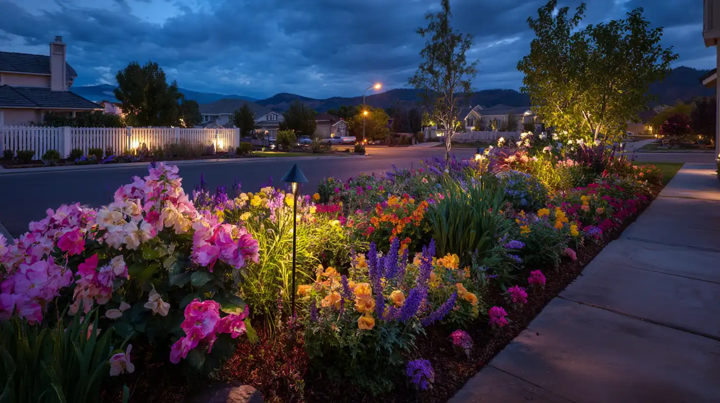 Front yard flower bed lighting ideas at dusk with solar path lights illuminating colorful pink, yellow and purple flowers along a neighborhood sidewalk at twilight.