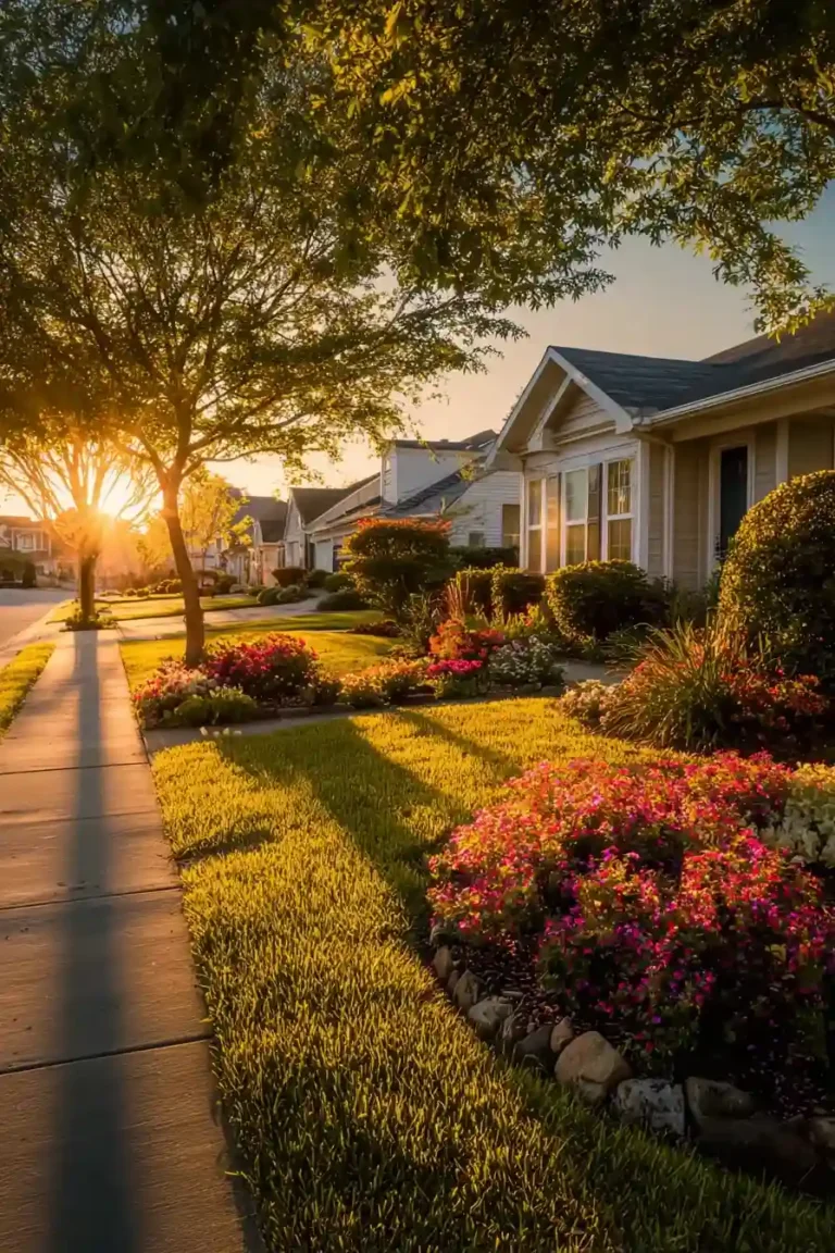 Front yard flower beds with pink and red blooms lining a residential sidewalk bathed in warm golden sunset light with tree shadows stretching across a green lawn.