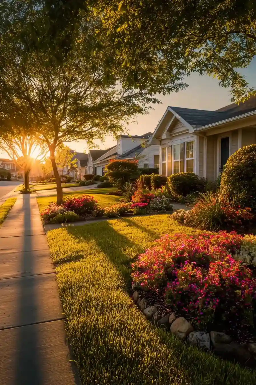 Front yard flower beds with pink and red blooms lining a residential sidewalk bathed in warm golden sunset light with tree shadows stretching across a green lawn.