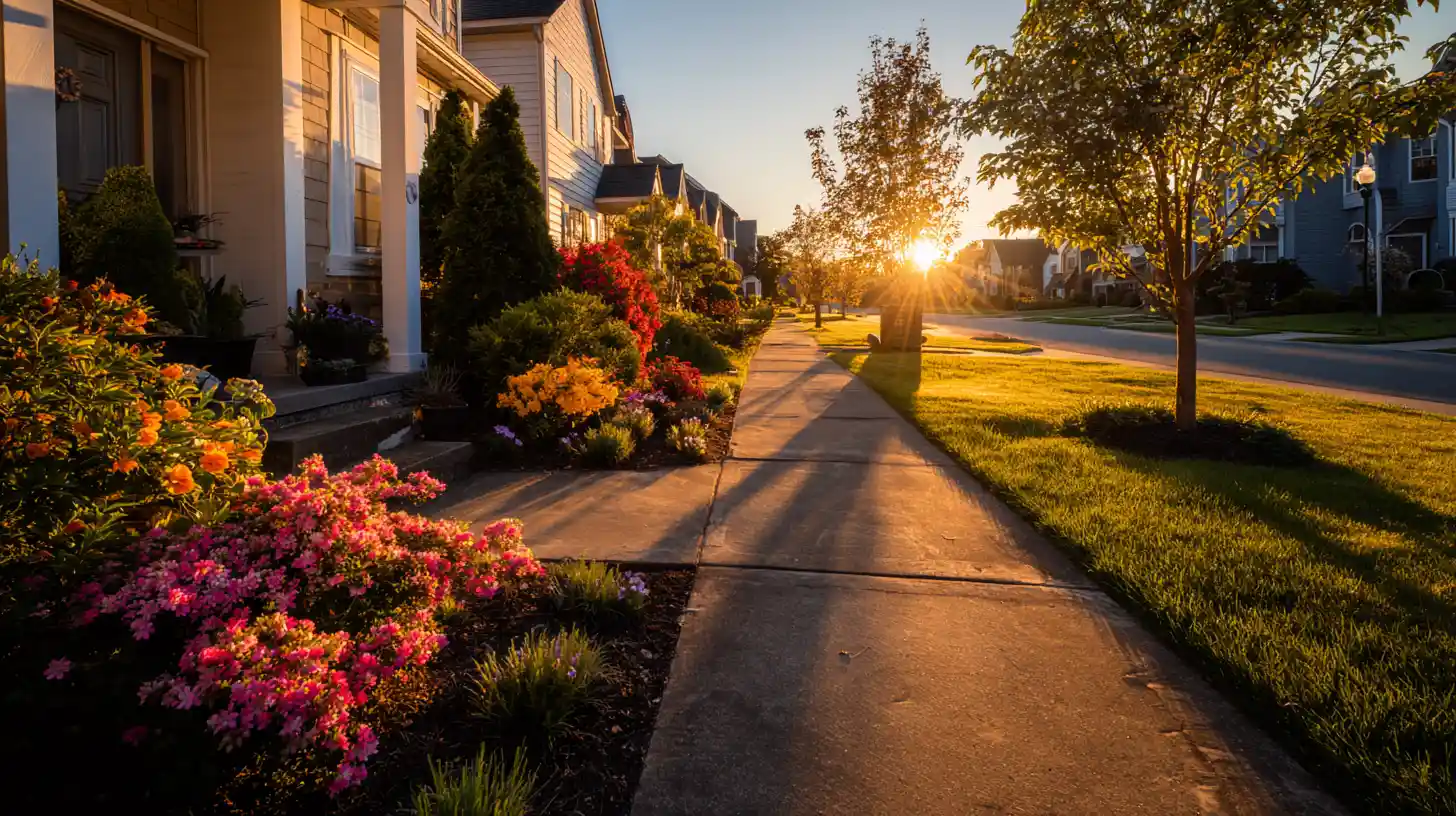 Front yard flower beds with colorful pink, red and orange blooms lining a sidewalk in a residential neighborhood bathed in warm golden sunset light.