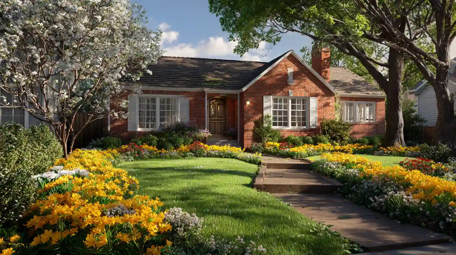 Brick home with lush front yard flower beds filled with yellow and white spring flowers and a green lawn.