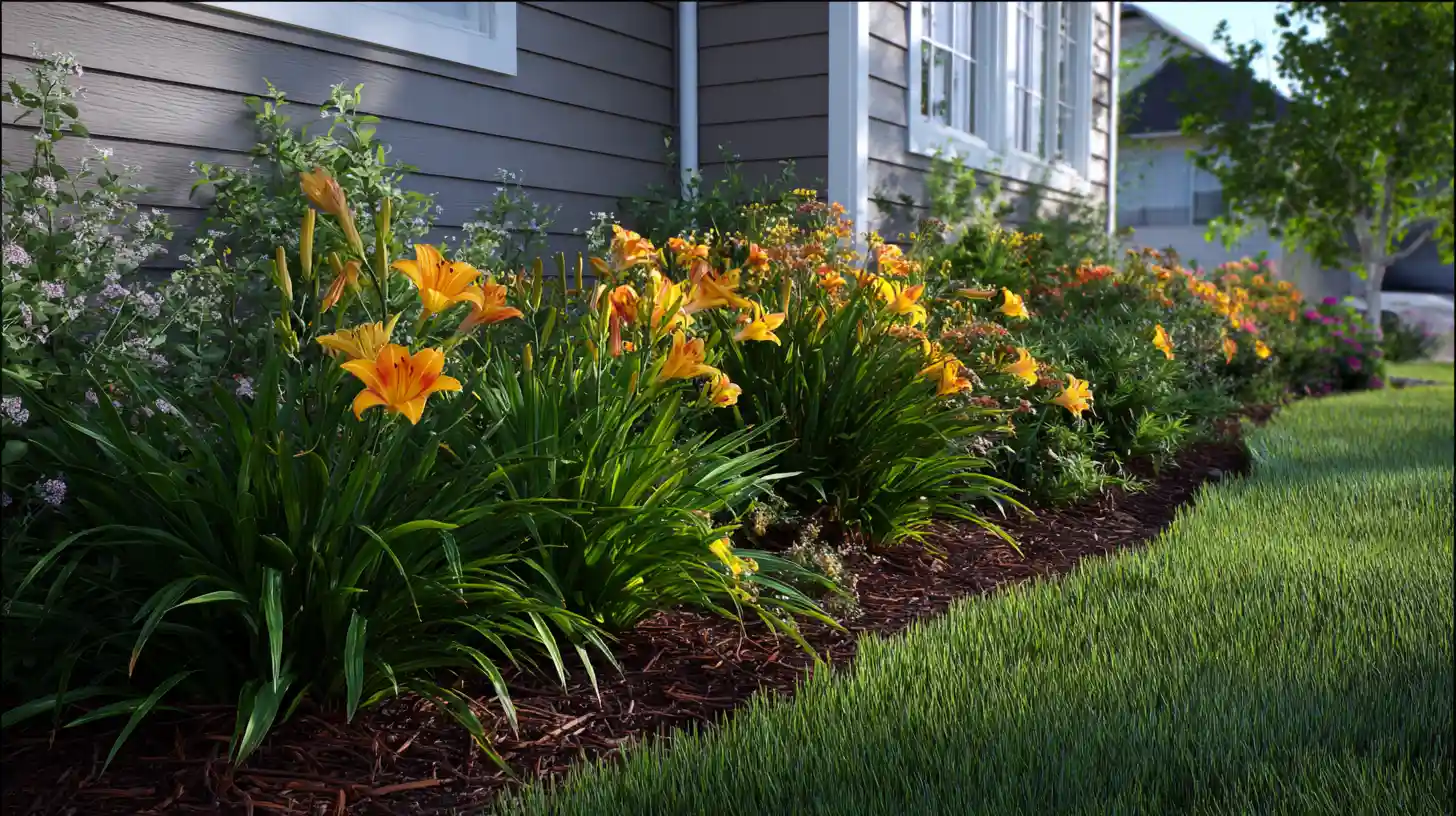 Low maintenance front yard flower bed with orange daylilies and ground cover along a gray home foundation with fresh mulch and green lawn.