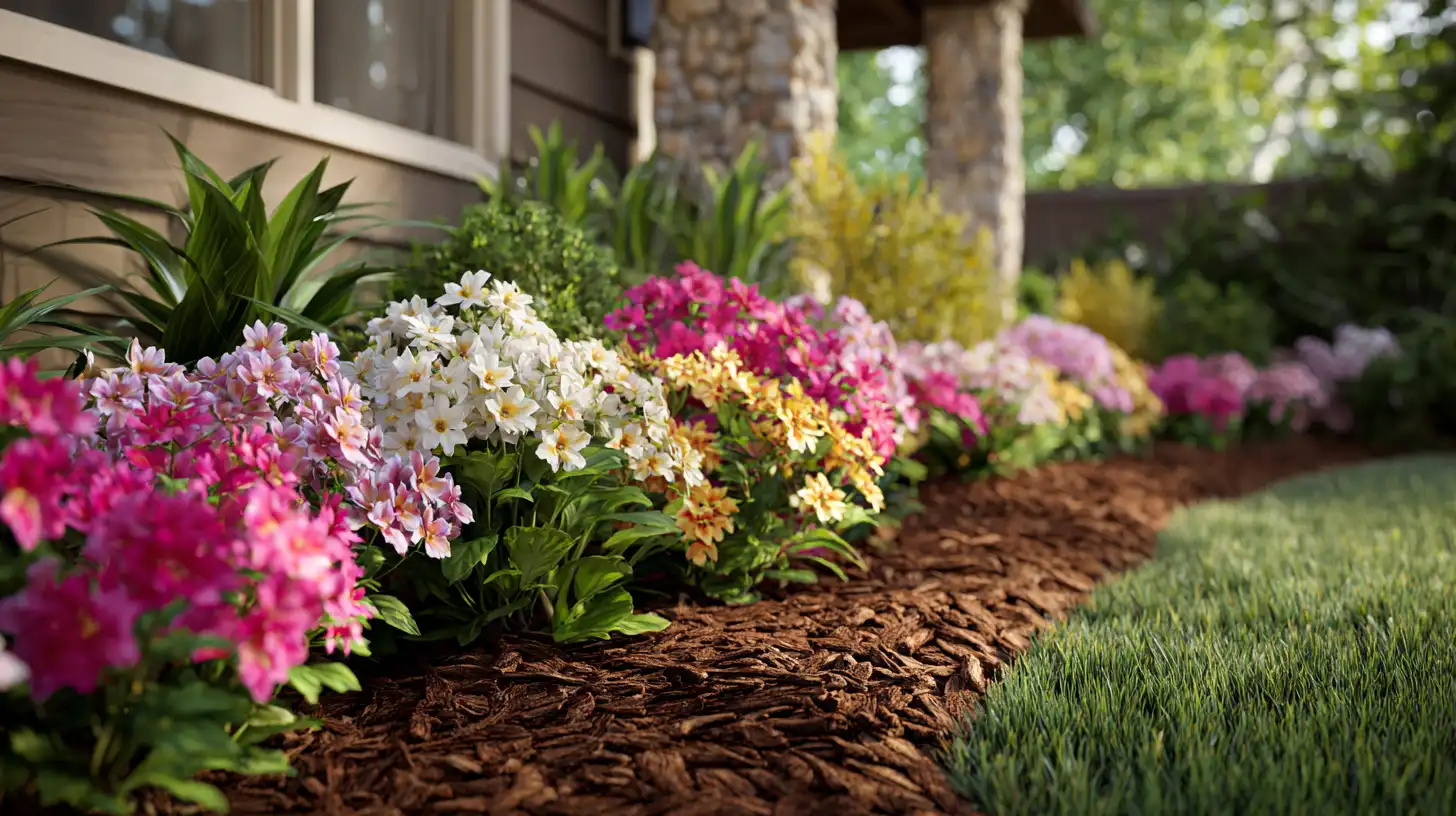 Neatly edged front yard flower bed ideas with pink, white and yellow flowers along a home foundation with fresh mulch and green lawn border.
