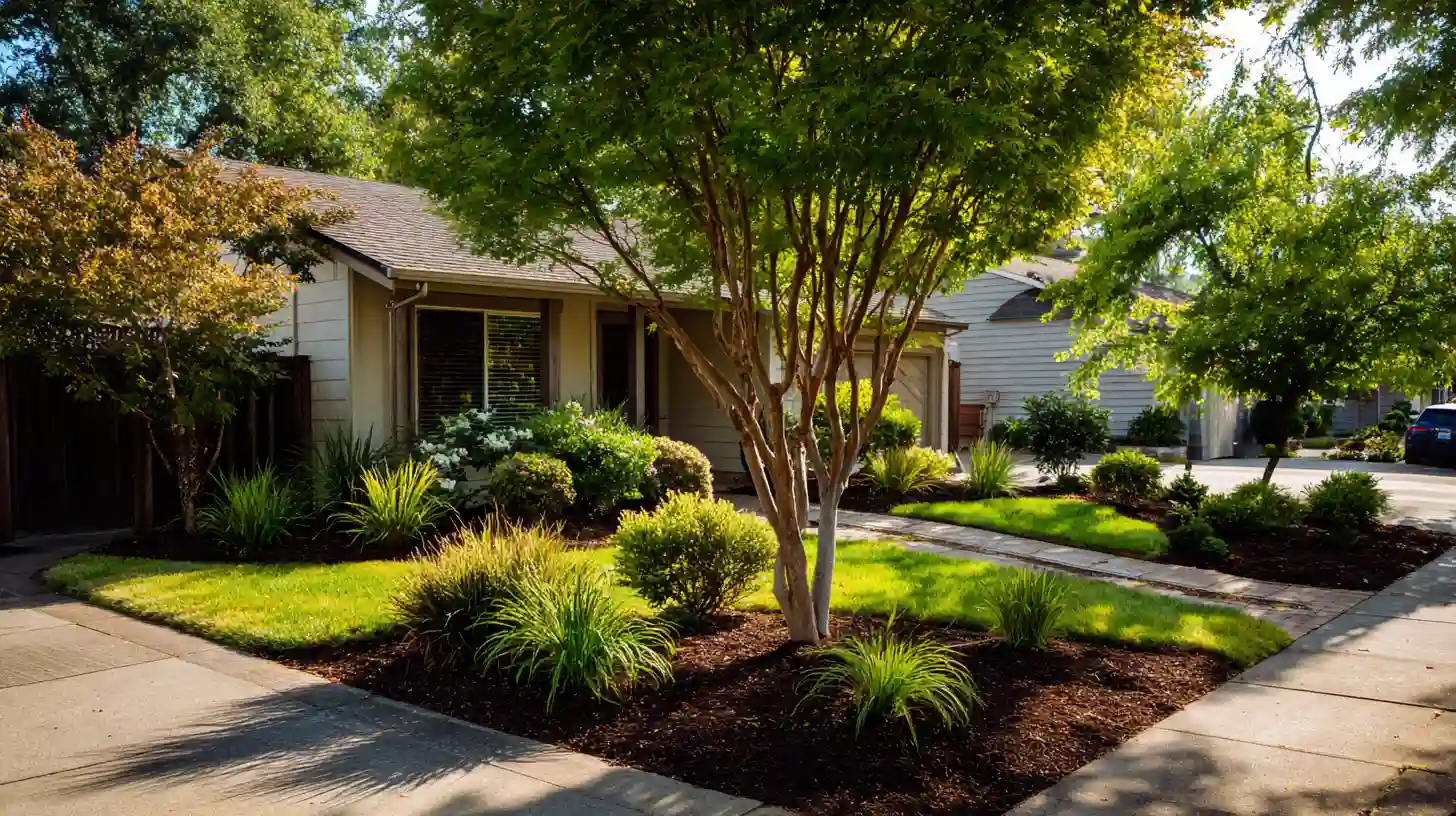 Simple front yard landscaping with an ornamental tree as a focal point, clean mulched beds, ornamental grasses and shrubs, and a green lawn in a residential neighborhood.