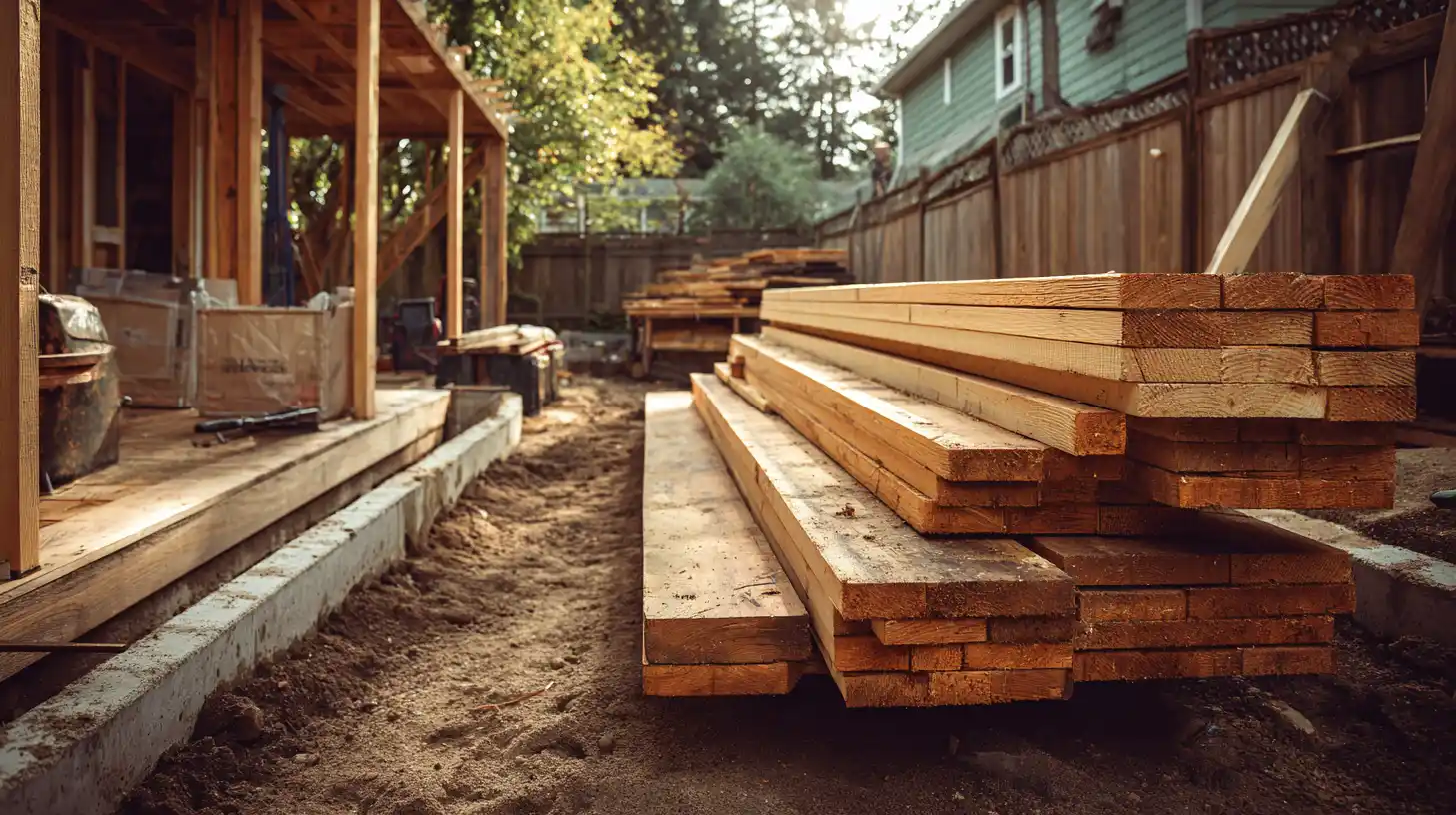 Patio vs deck contractor tips showing a backyard deck construction site with stacked fresh lumber, concrete footings, and framing in warm afternoon light.