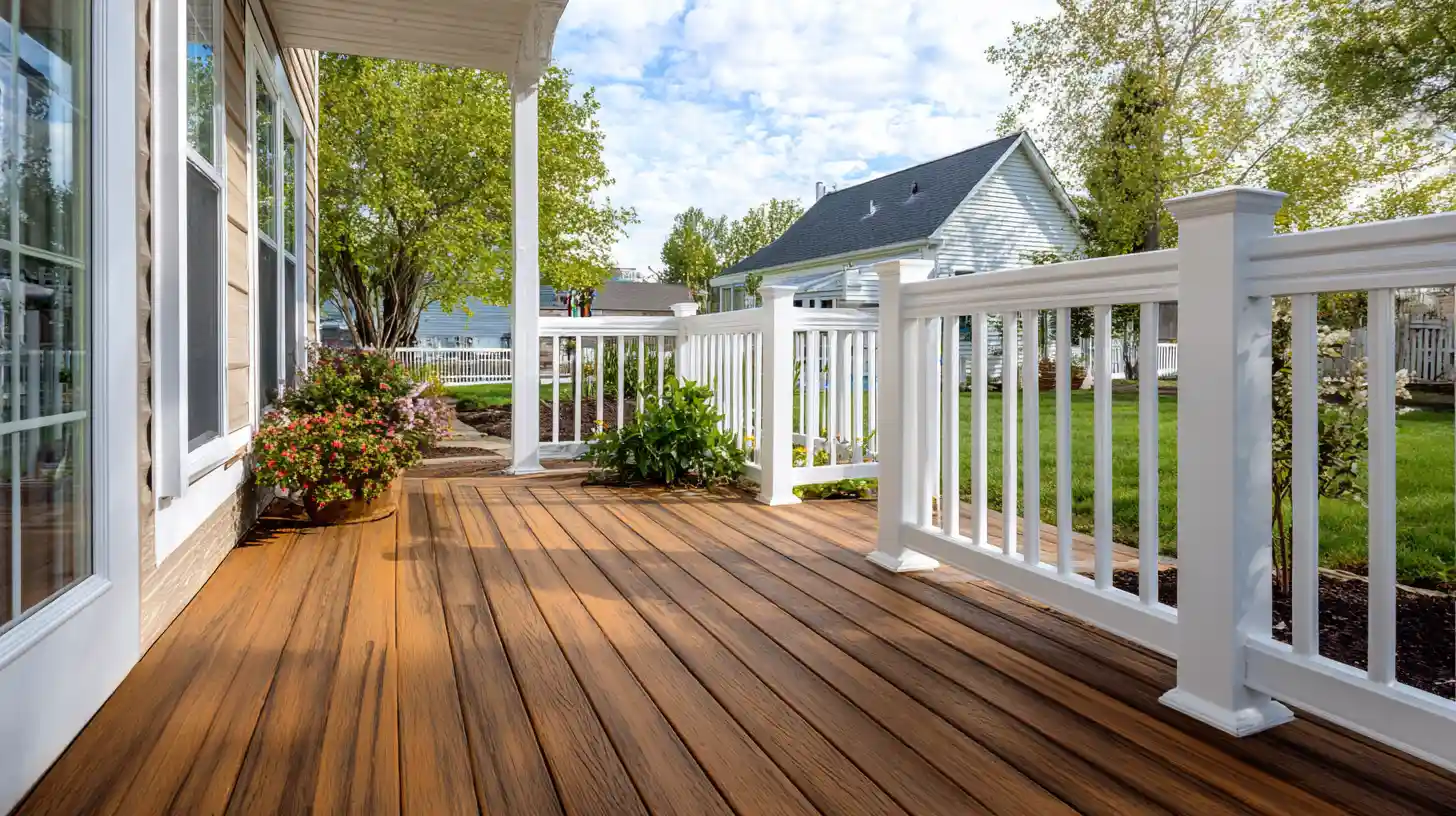 Patio vs deck inspiration showing a beautiful warm toned composite deck with white railing, potted flowers, and lush green suburban backyard on a sunny day.