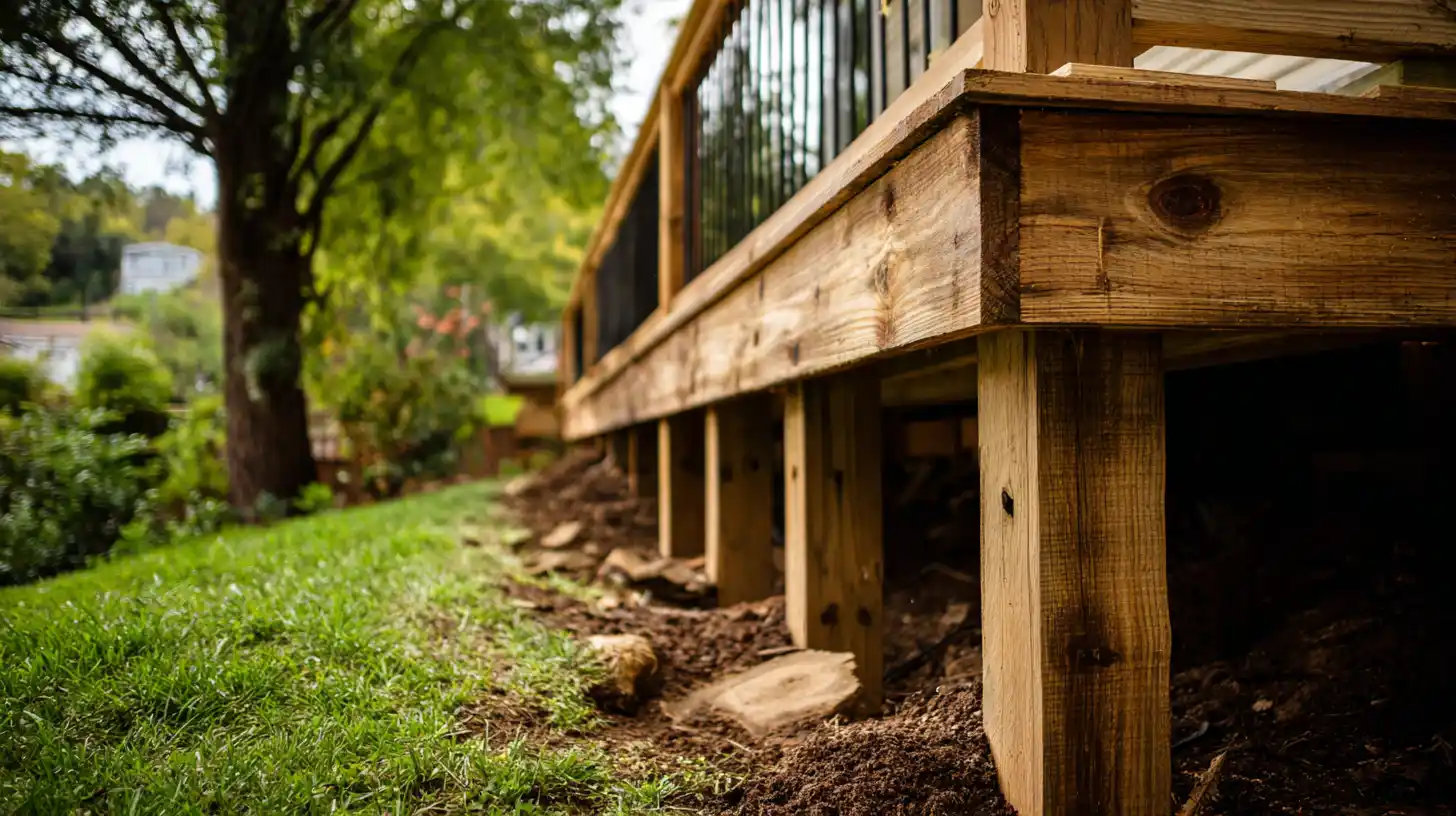 Deck for sloped yard showing wood deck posts and framing built over a sloping green backyard with exposed soil underneath and lush trees in background.