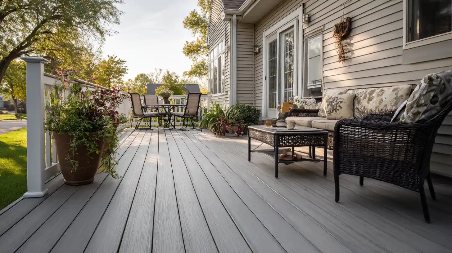 Deck vs patio cost comparison featuring a gray TREX composite deck with wicker furniture, potted flowers, and white railing attached to a suburban home.