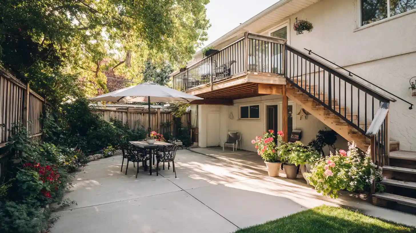The difference between a patio and a deck shown in one backyard, ground level concrete patio with dining set below an elevated wood deck with stairs.