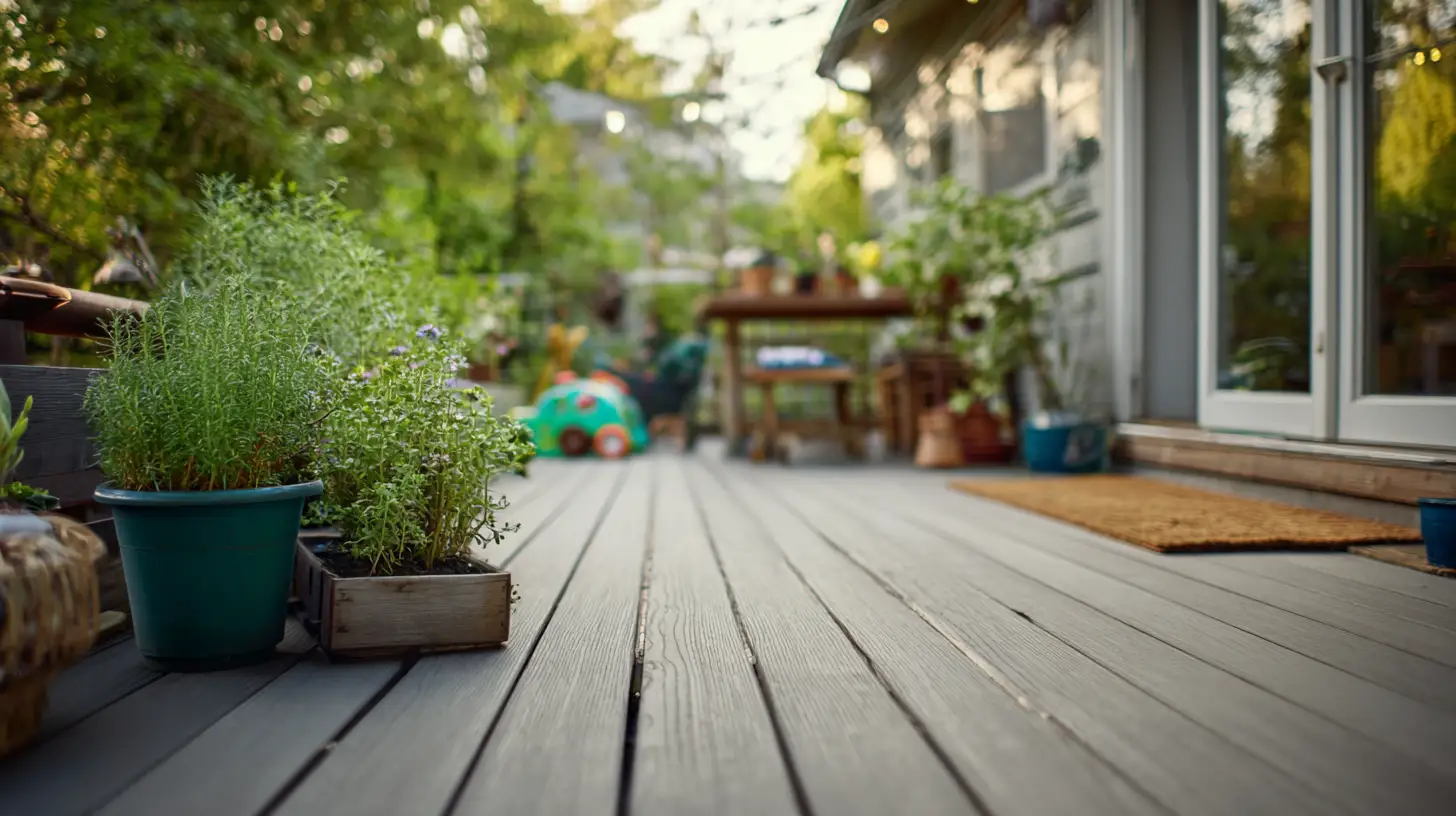 Patio vs deck comparison showing a composite deck on a sloped backyard with potted herbs, kids toys, and a worn doormat in a real family outdoor space.