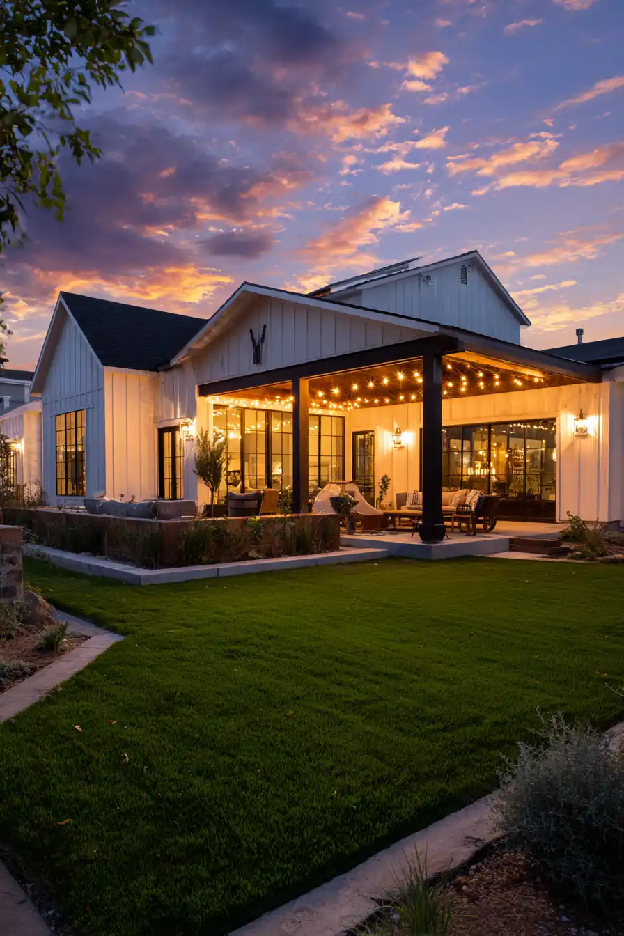 Patio vs deck feature image showing a covered concrete patio with string lights glowing at sunset on a modern farmhouse home with lush green lawn.
