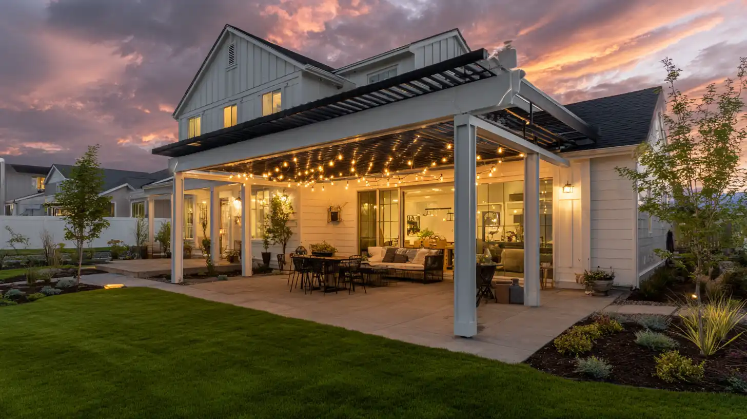 Patio or deck decision guide showing a stunning covered concrete patio with string lights, outdoor dining and lounge seating at sunset on a modern farmhouse home.