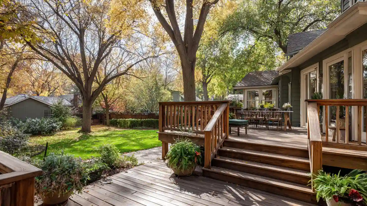 Patio vs deck home value comparison showing a weathered wood deck with stairs, potted plants, and fall landscaping attached to a green suburban home.