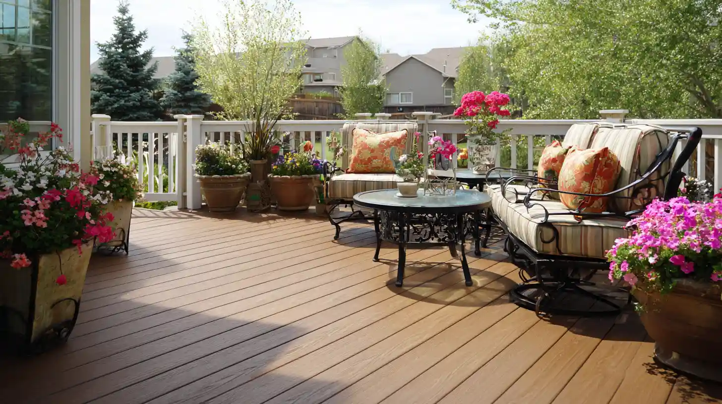 Patio vs deck maintenance comparison showing a beautiful low maintenance composite deck with colorful potted flowers, striped cushions, and white railing in a suburban backyard.