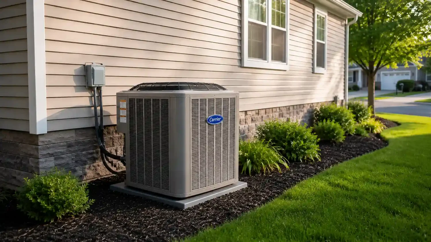 Does new HVAC increase home value? A Carrier AC condenser unit installed on the side of a suburban home with clean landscaping and stone foundation.