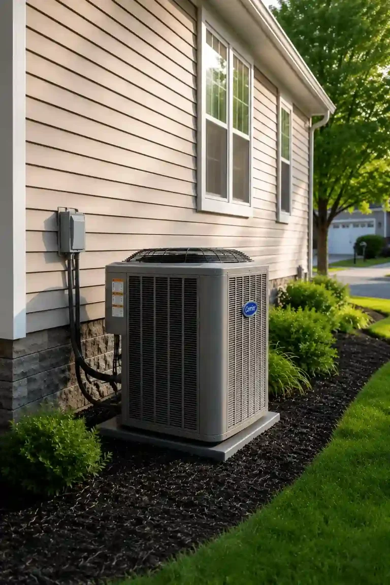 A well maintained suburban home with green landscaping and a new HVAC unit installed.
