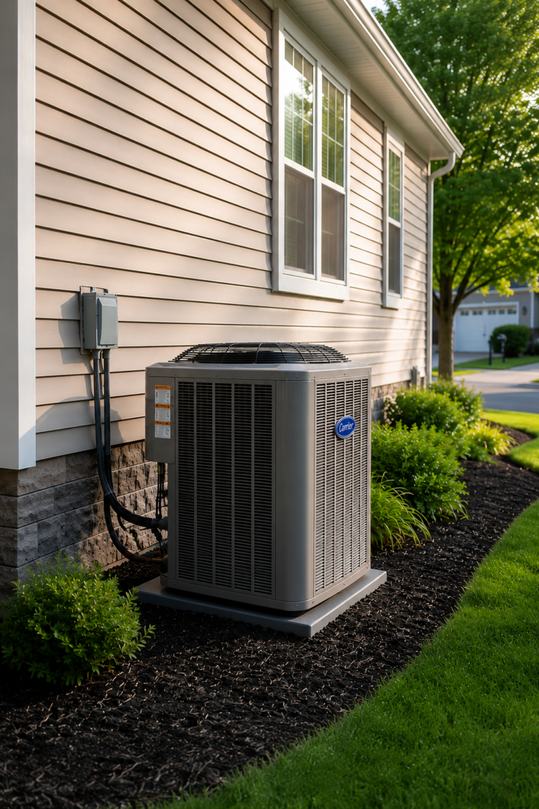 A well maintained suburban home with green landscaping and a new HVAC unit installed.