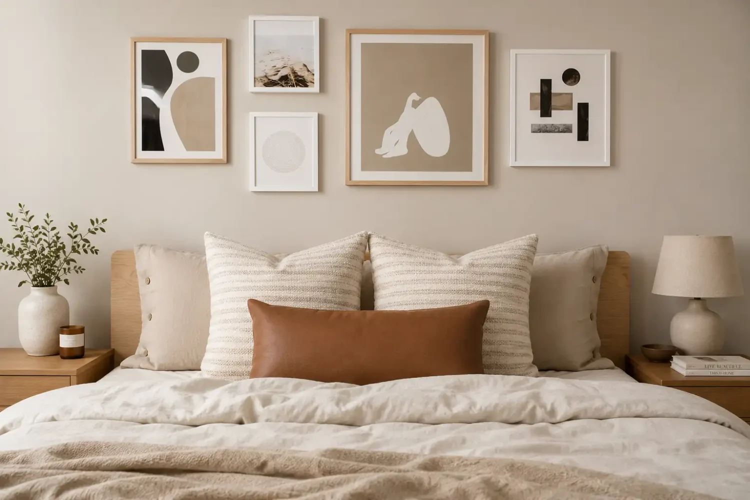 Earthy minimalist bedroom featuring a neutral gallery wall with abstract artwork, natural wood frames, cream bedding, warm wood nightstands, and earthy tones bedroom decor with a calm, curated feel.