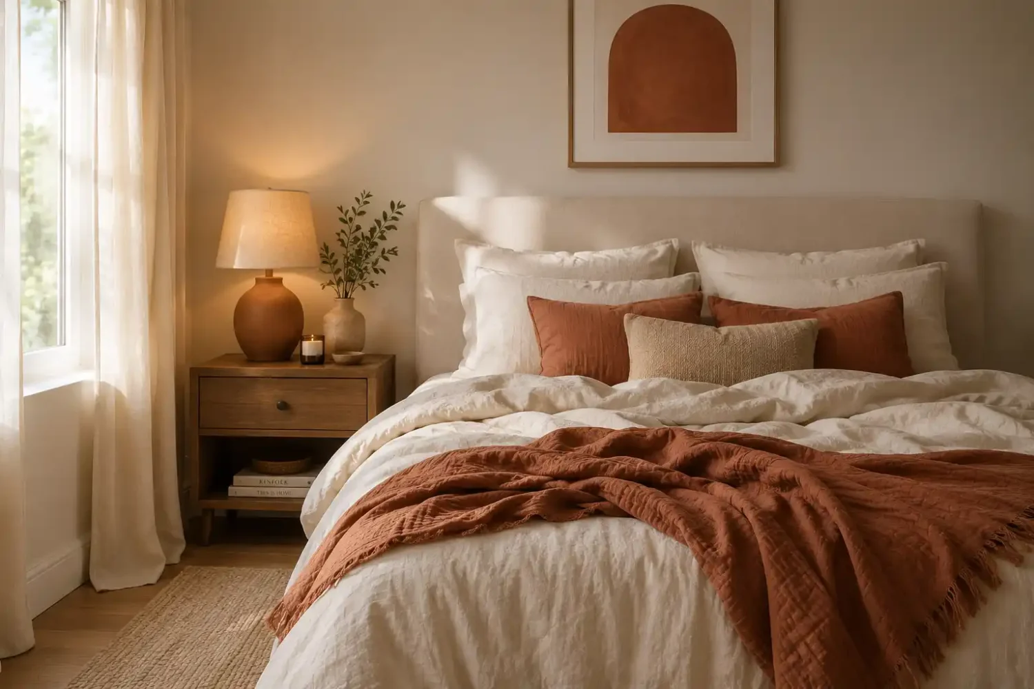 Earthy tones bedroom featuring cream bedding, clay colored throw blanket and pillows, cream curtains, warm wood nightstand, and warm minimalist bedroom styling with layered clay and cream accents.