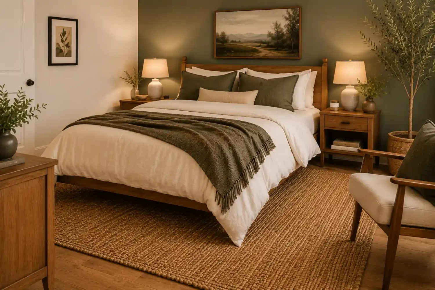 Earthy tones bedroom featuring a large jute rug layered beneath a wood bed, cream bedding, warm wood furniture, olive green accent wall, and warm minimalist bedroom decor with natural textures.