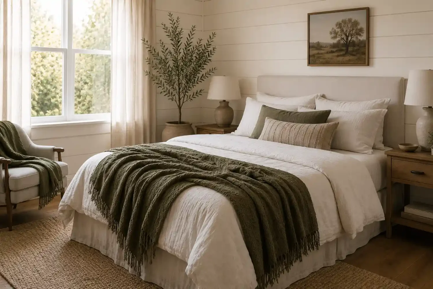 Earthy tones bedroom with cream shiplap walls, white upholstered bed, olive green throw blanket, warm wood nightstands, and warm minimalist bedroom styling with layered natural textures.