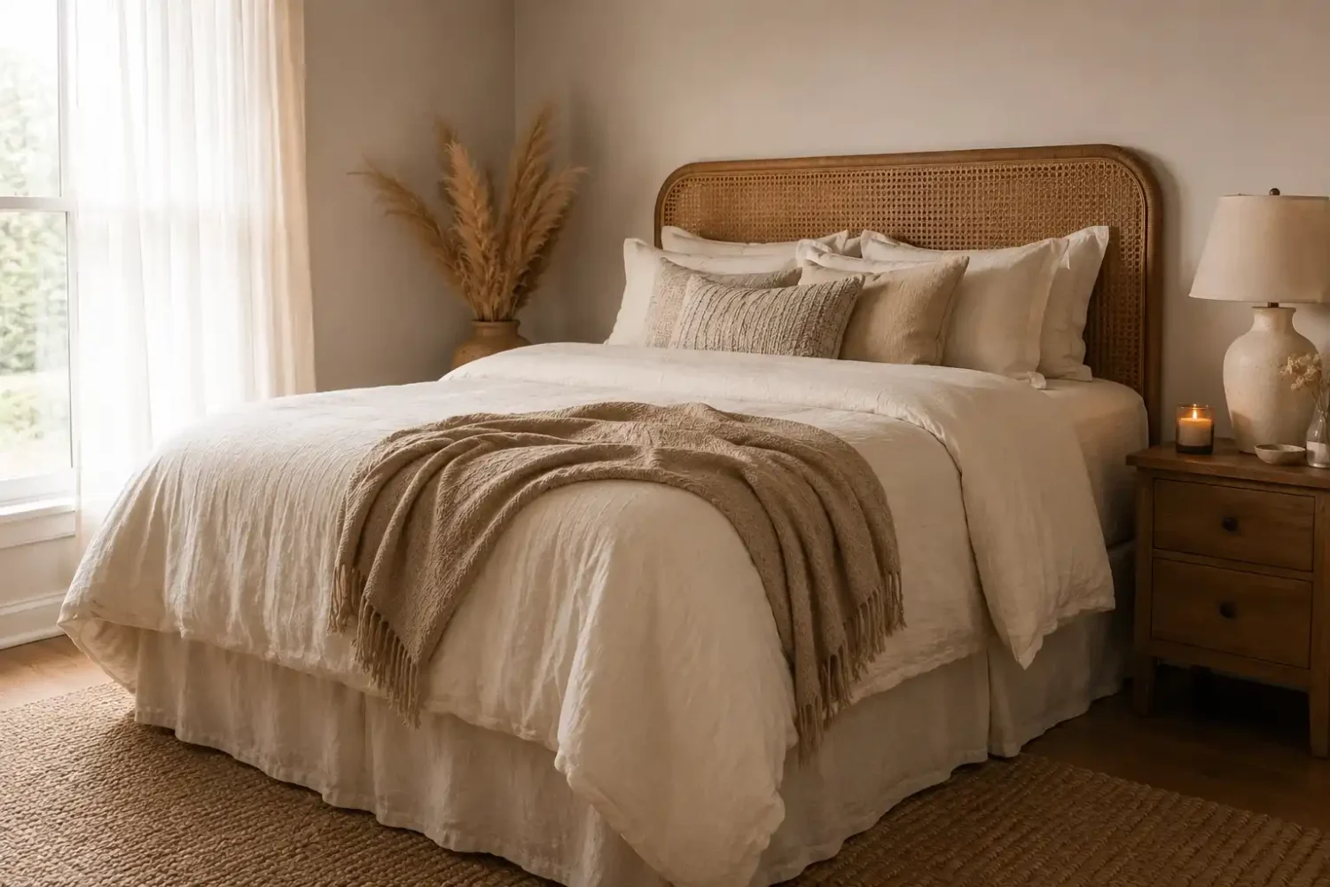 Earthy tones bedroom featuring a natural rattan headboard, cream linen bedding, warm wood nightstand, jute rug, and warm minimalist bedroom styling with layered natural textures.