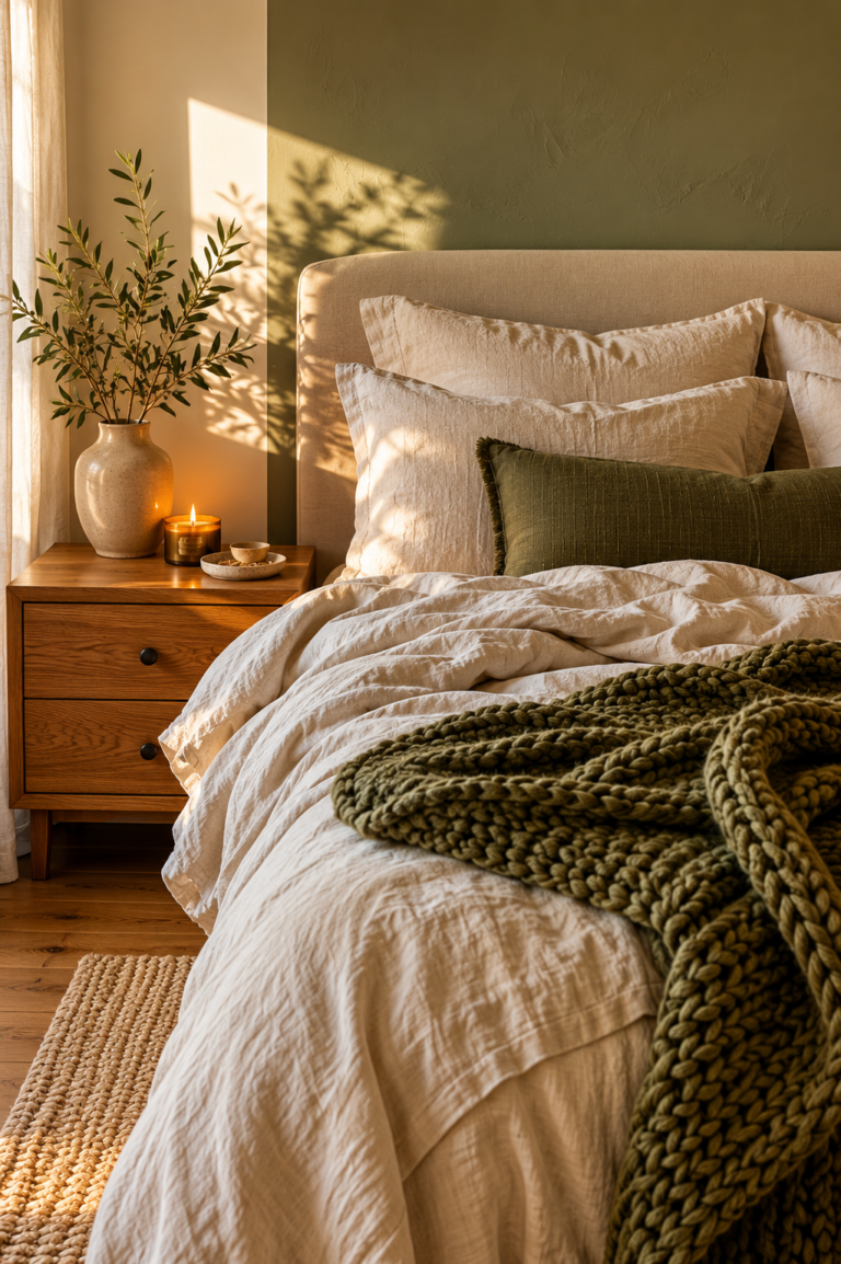 Earthy tones bedroom with sage green accent wall, oat linen bedding, olive green chunky knit throw, and warm wood nightstand with candle.