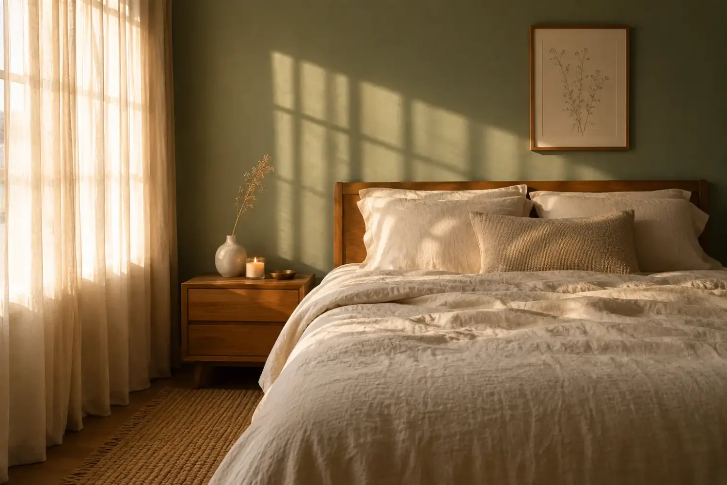 Earthy tones bedroom with soft sage green accent wall, cream linen bedding, warm wood nightstand with candle, and golden afternoon light through sheer curtains.