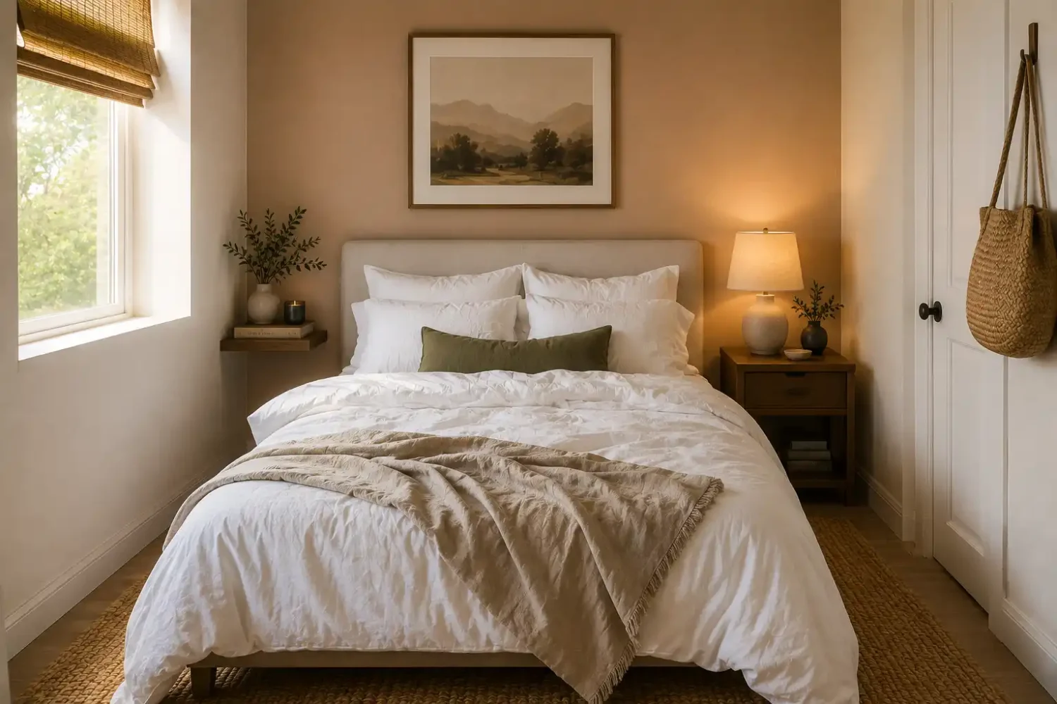 Earthy tones bedroom in a small space featuring bright white bedding, a soft clay accent wall, warm wood nightstand, jute rug, and warm minimalist bedroom decor with relaxed, lived-in textures.