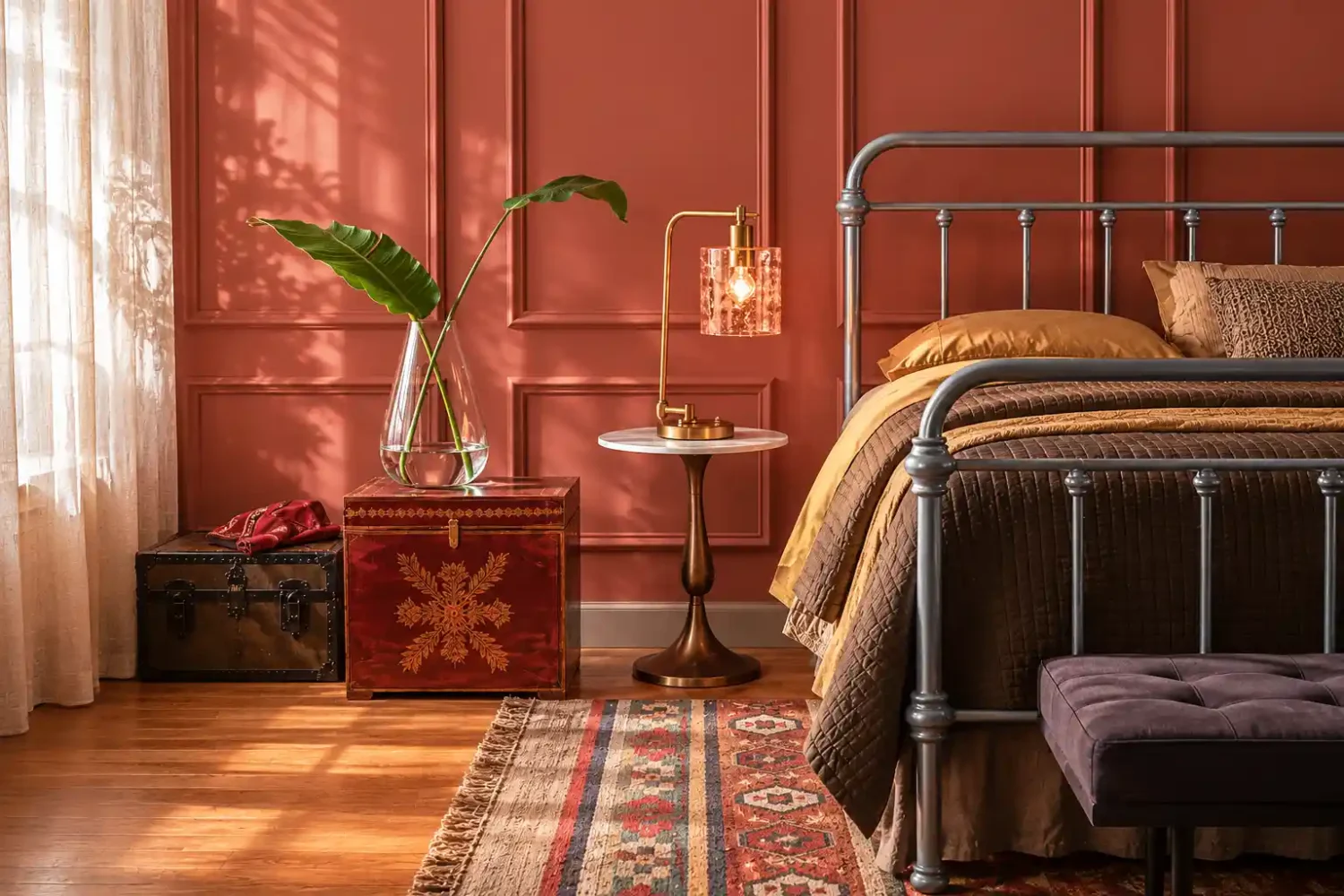 Earthy tones bedroom featuring a terracotta accent wall, black metal bed frame, layered neutral bedding, warm wood floors, vintage rug, and warm minimalist bedroom styling with rich textures and natural light.