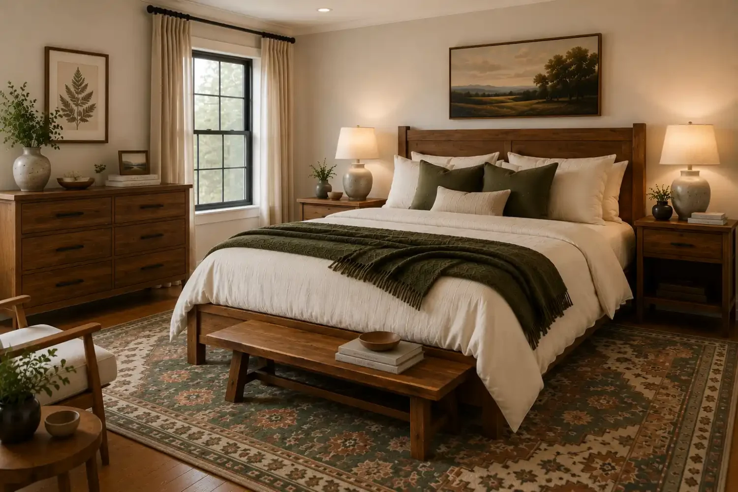 Earthy tones bedroom featuring warm wood furniture, a honey-toned wood bed frame, matching nightstands, a wood dresser, colorful area rug, cream bedding, and warm minimalist bedroom styling with layered natural textures.