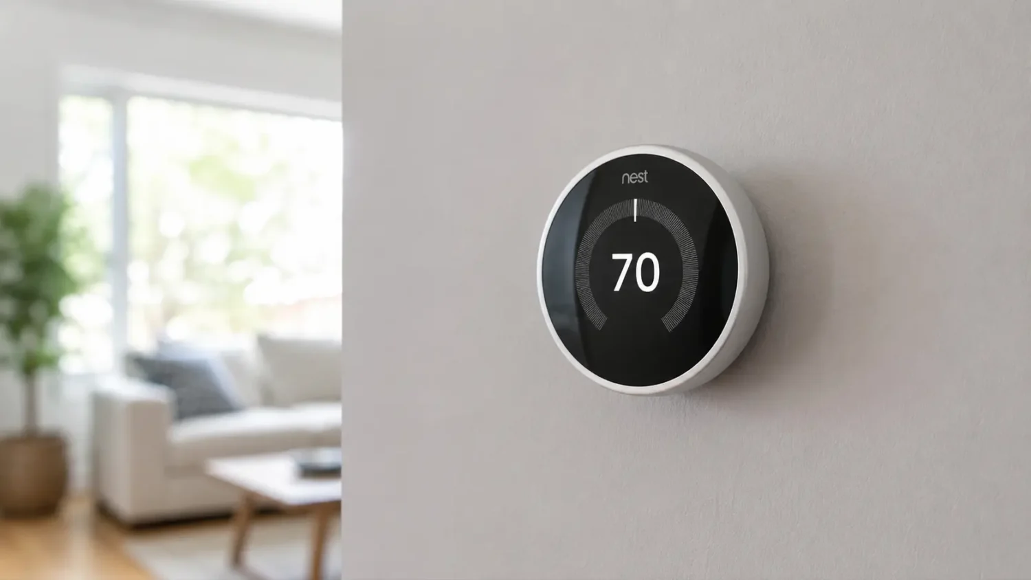 A Google Nest smart thermostat mounted on a wall showing 70 degrees with a cozy living room in the background.