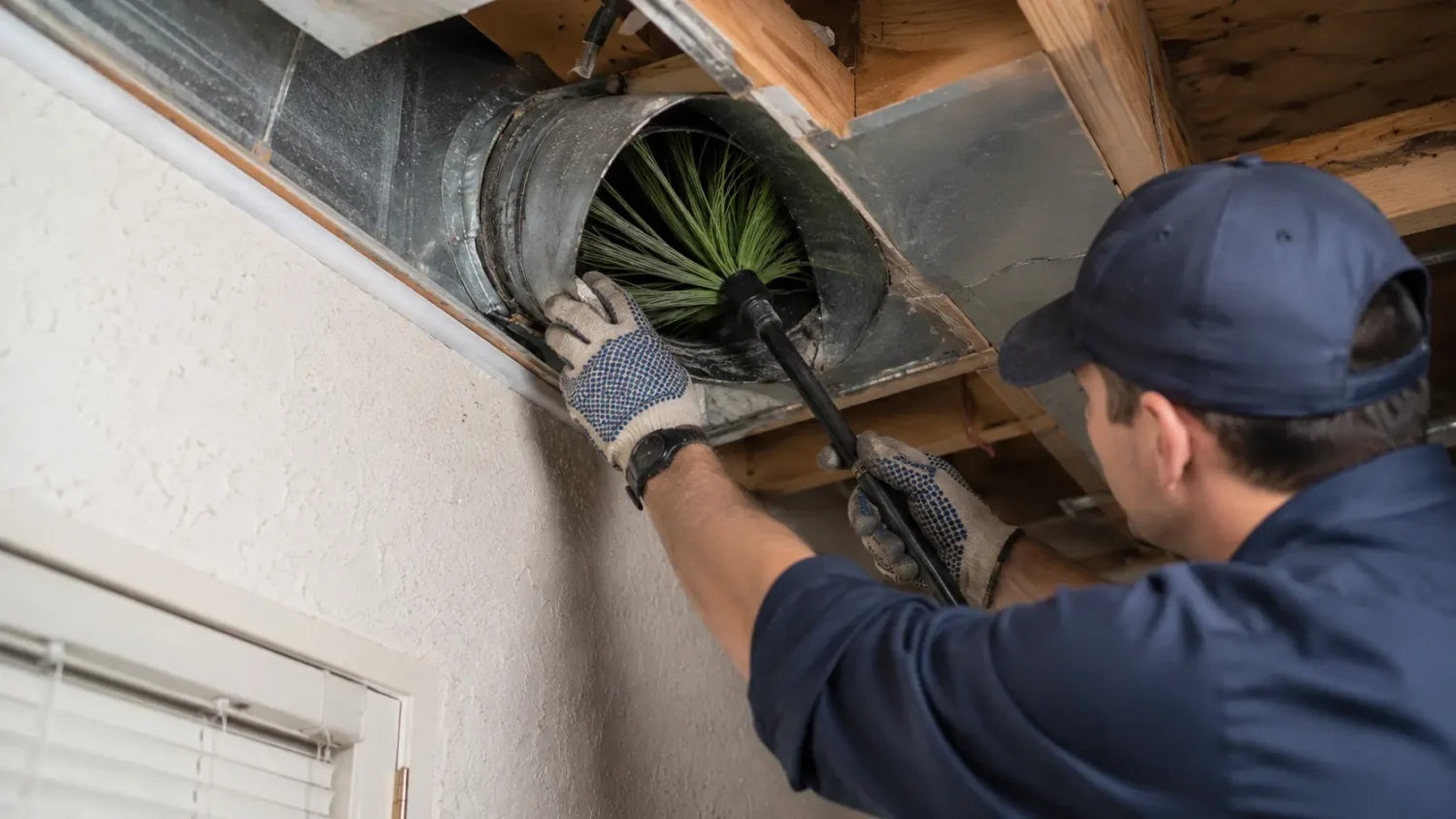 A technician cleaning dirty HVAC ductwork with a rotary brush showing why duct cleaning is a home safety issue.