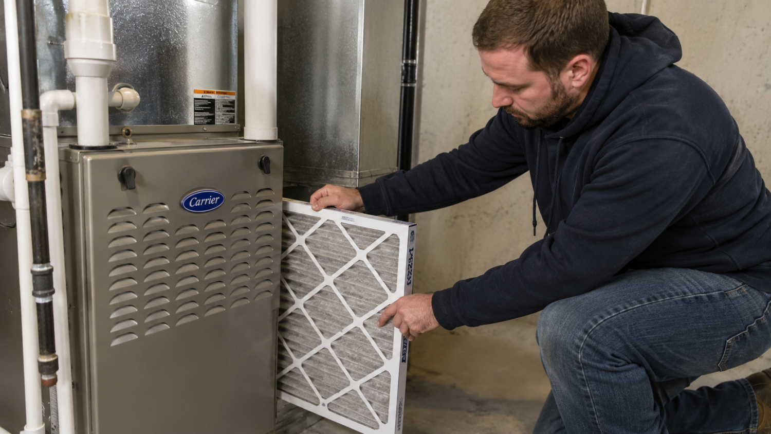 A homeowner replacing a dirty HVAC air filter on a Carrier furnace as part of regular home maintenance.

