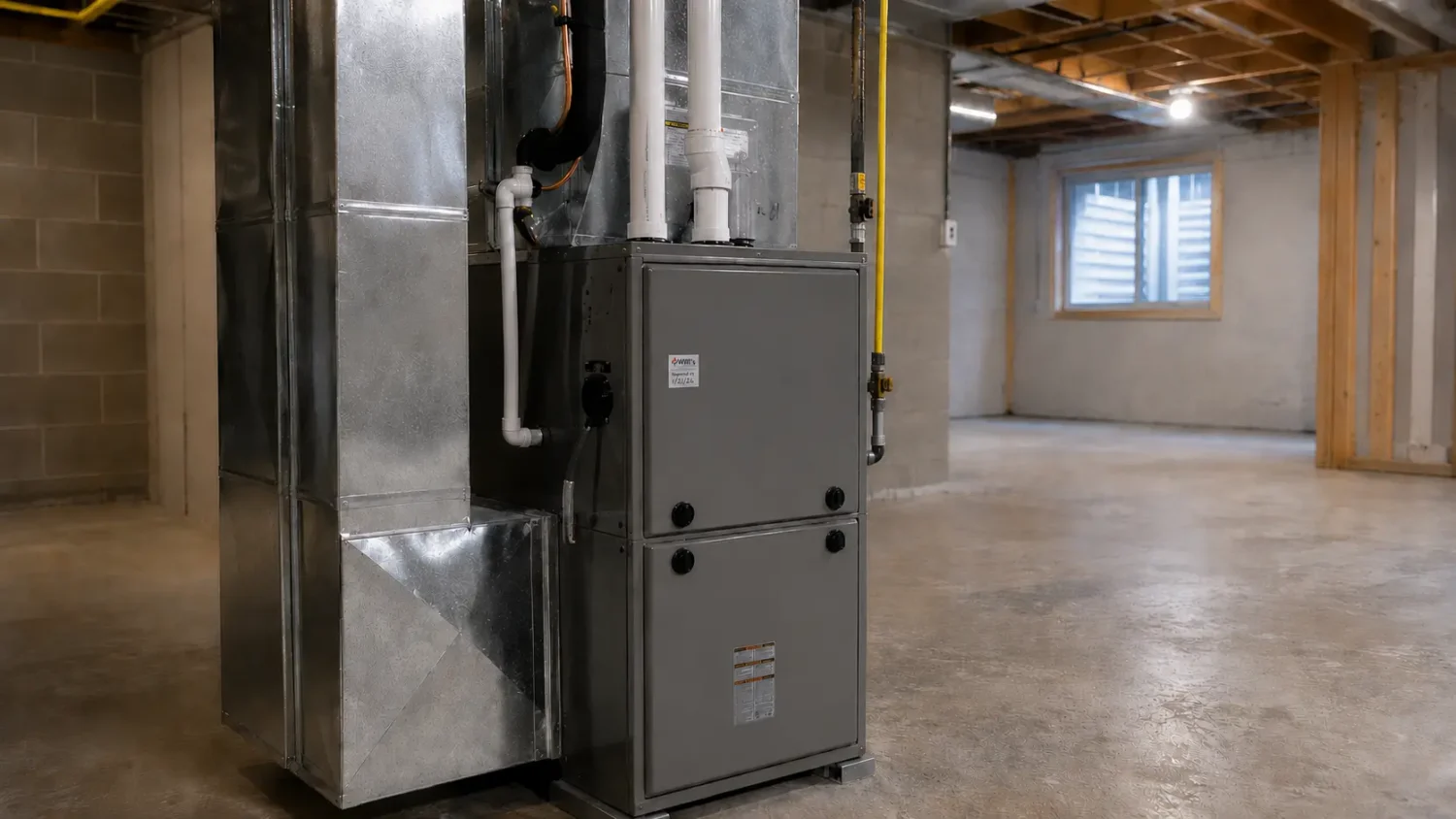 A furnace and ductwork in a basement utility room typical of what inspectors check during an HVAC home inspection.
