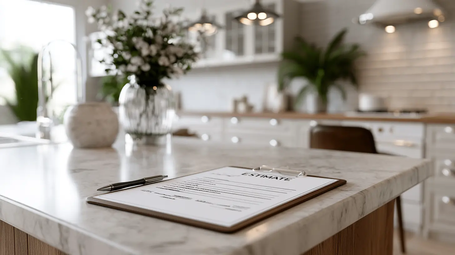 New HVAC system cost estimate on a clipboard sitting on a marble kitchen counter with a pen beside it.