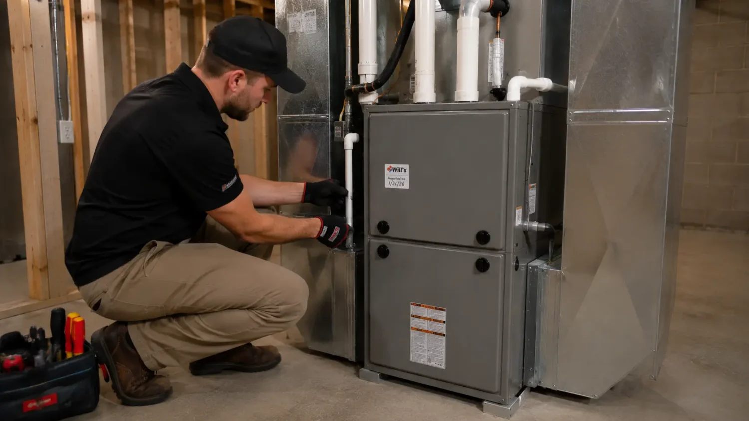 An HVAC technician inspecting a furnace and ductwork in a basement during an HVAC home inspection.