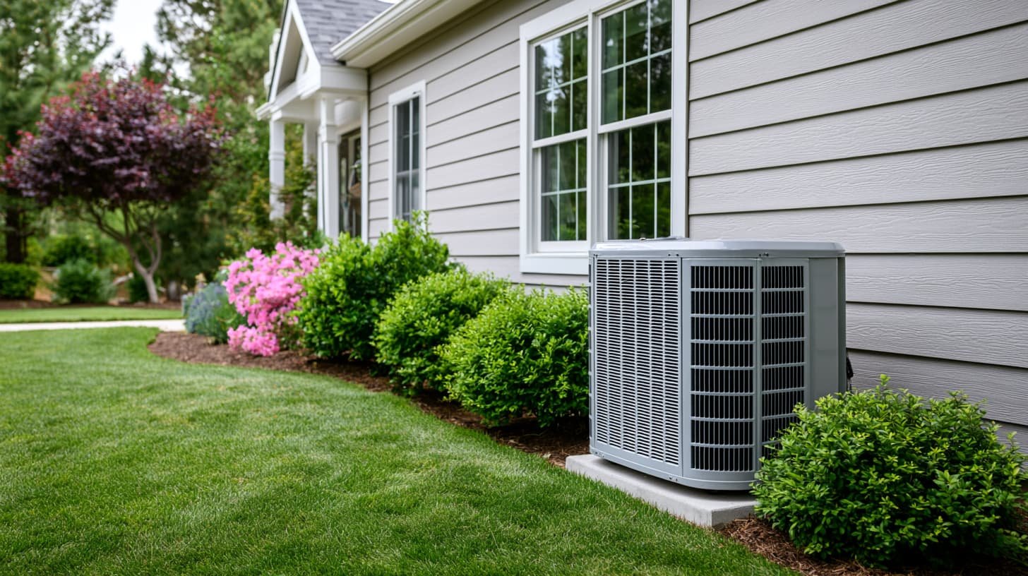 Does new HVAC increase home value? A brand new condenser unit installed on the side of a suburban home with green landscaping and gray siding.