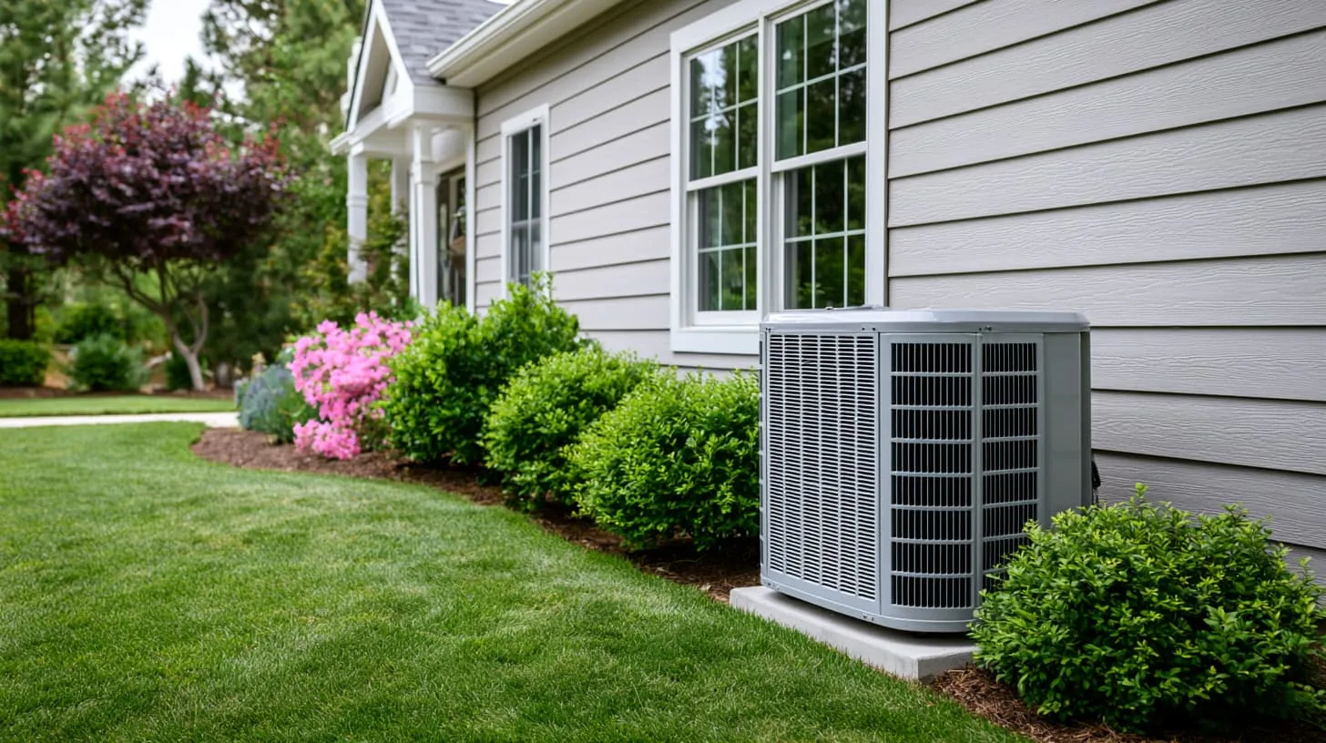 Does new HVAC increase home value? A brand new condenser unit installed on the side of a suburban home with green landscaping and gray siding.