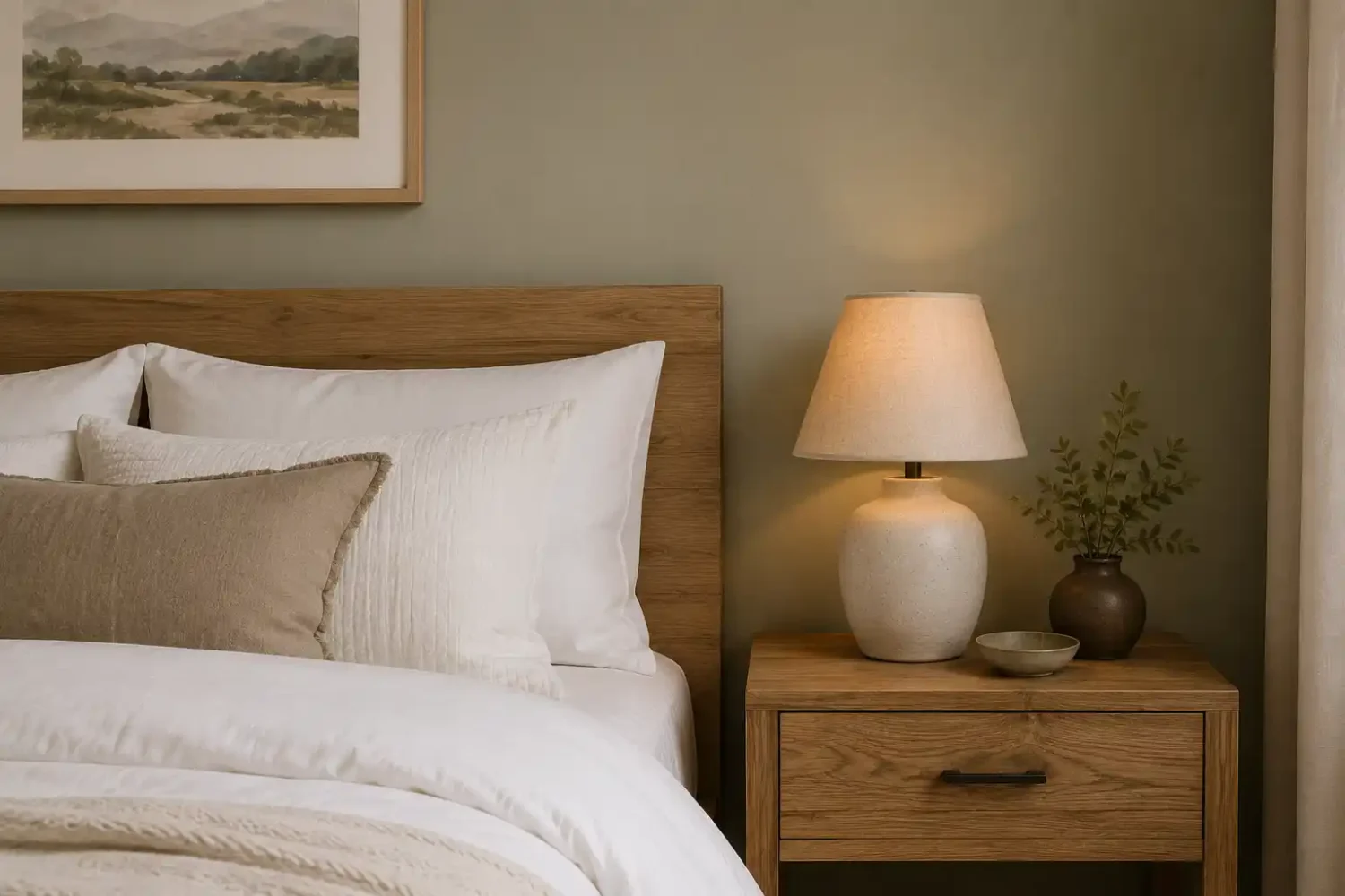 Earthy tones bedroom featuring a soft sage green wall, warm wood nightstand, bright white bedding, textured neutral pillows, and warm minimalist bedroom decor with natural wood accents and cozy ambient lighting.