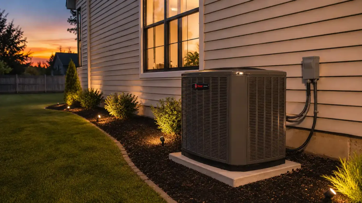 Does central air add value to a home? A Trane AC condenser unit installed on the side of a suburban home at sunset with landscape lighting.